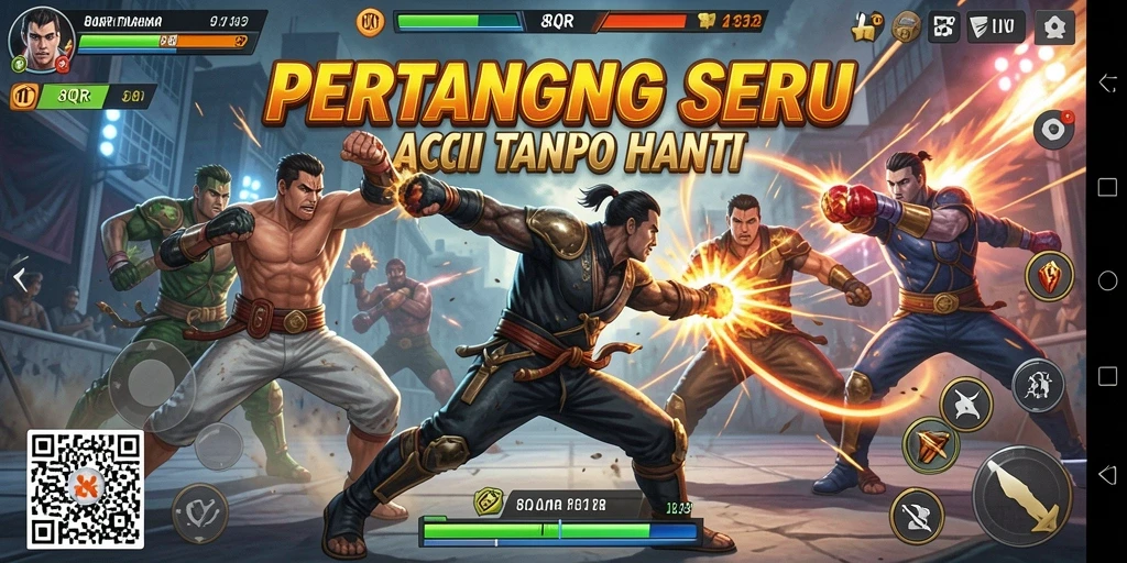 Gameplay seru dan intens dalam 8QR dengan berbagai karakter action.