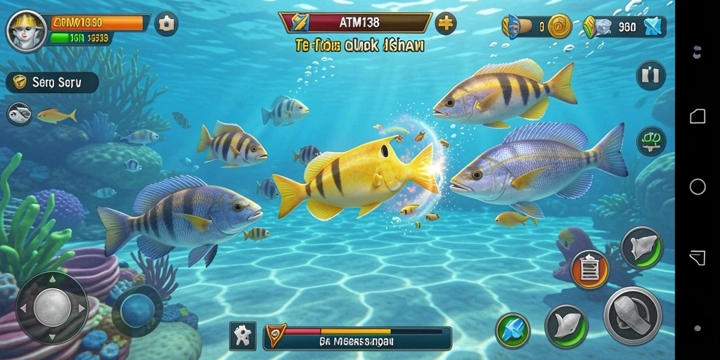 Screenshot gameplay seru di ATM138 dengan ikan berwarna-warni.
