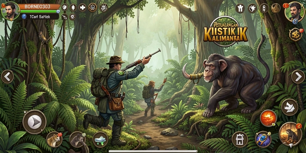 Tampilan gameplay <strong>BORNEO303</strong> yang menampilkan petualangan di hutan Kalimantan.