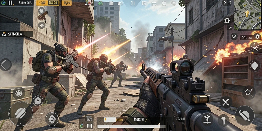 Tampilan gameplay SPINGILA dengan aksi tembak-menembak yang mendebarkan.